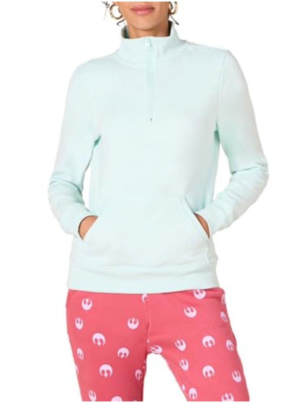 Women's Fleece Quarter-Zip Pullover Sweatshirt Mock Neck Kangaroo Pocket